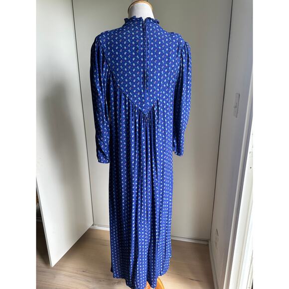 Vintage 80s Womens Midi Dress Size M 6-8 Blue Micro Floral Prt Prairie Dress - Picture 3 of 12